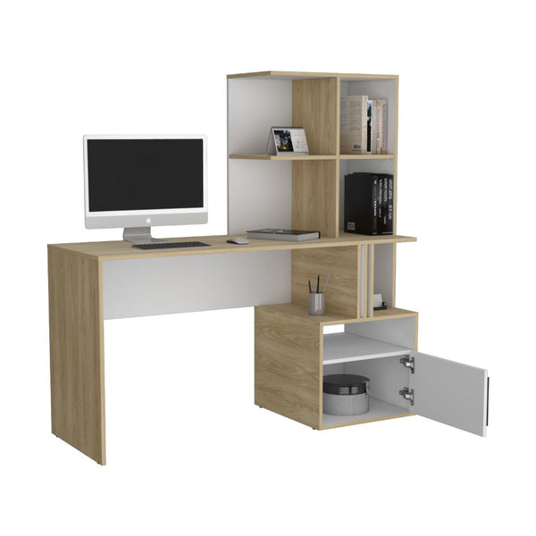 Escritorio Biblioteca Vanez, Blanco Duqueza y Fresno Europeo, con espacio para guardar objetos