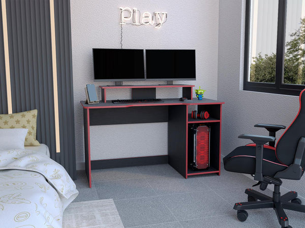 Escritorio Gamer Willy, Wengue y Rojo, con Espacio Adicional para Pantallas - VIRTUAL MUEBLES