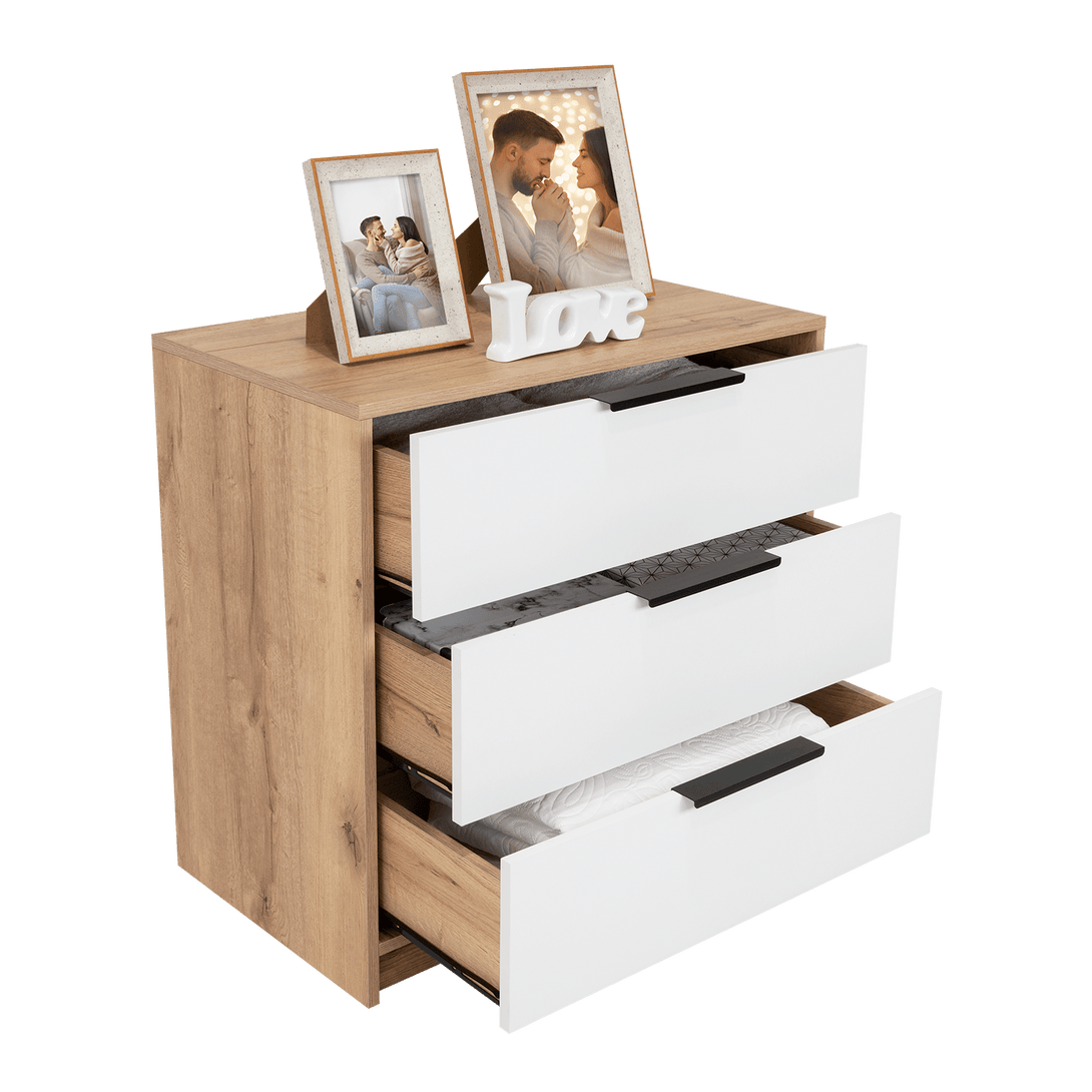 Organizador Wesley, Café Claro y Blanco, con Tres Cajones Multiusos y Manijas Metálicas - VIRTUAL MUEBLES